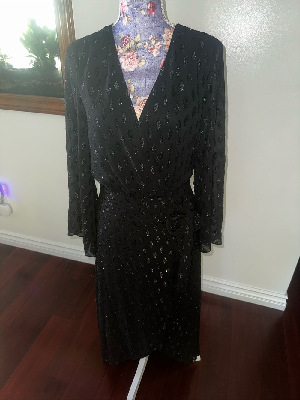 Black Long-Sleeve Wrap Dress with Subtle Metallic Detail